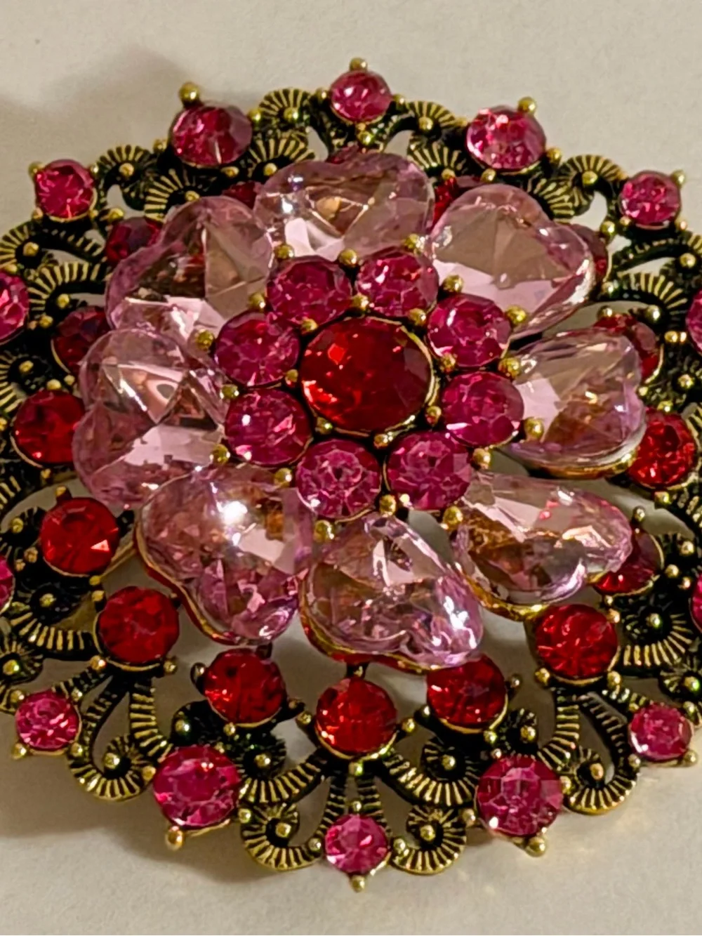 Vintage Style Pink Red Rhinestone Flower Brooch Gold Tone Filigree Statement Pin